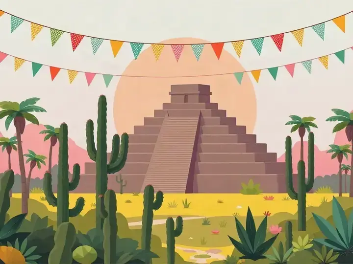 Mexico WeWard card chapter picture: stepped pyramid, cacti, colourful papel picado banners