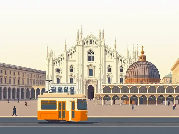 Milan WeWard card chapter picture: white gothic cathedral with many spires and an orange tram