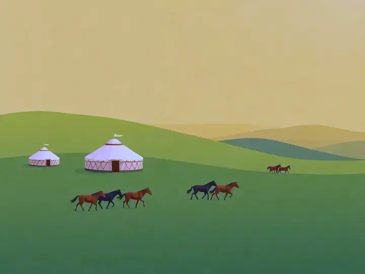 Mongolia WeWard card chapter picture: round white yurts on wide steppe, horses, big sky