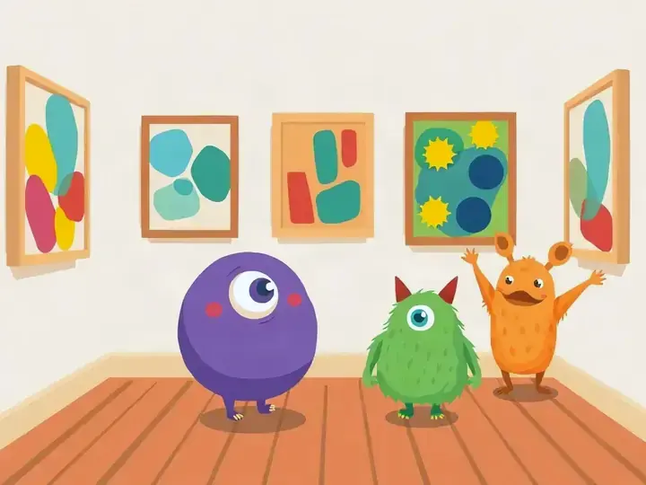 Monster Gallery WeWard card chapter picture: friendly cartoon monsters admiring paintings in a gallery