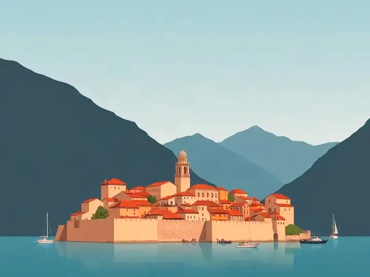 Montenegro WeWard card chapter picture: walled old town on a bay surrounded by steep mountains