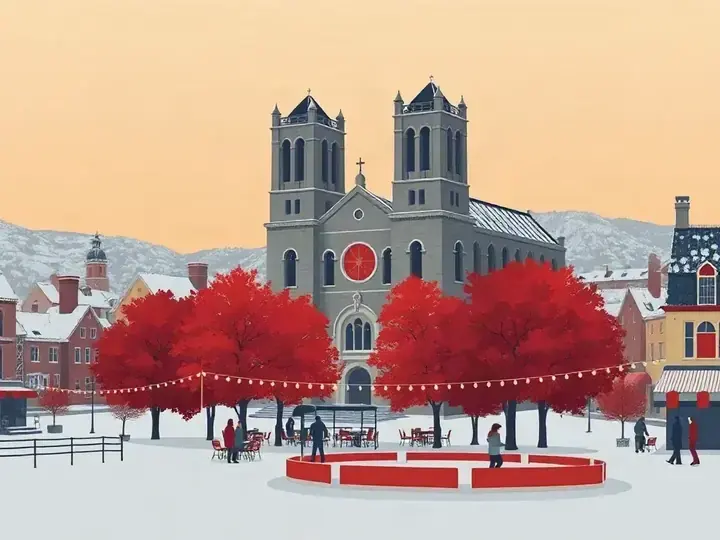 Montreal WeWard card chapter picture: snowy old port with a basilica, maple trees, skating