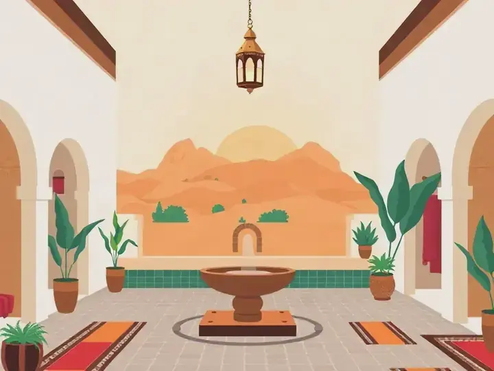Morocco WeWard card chapter picture: souk with lanterns and rugs, riad courtyard, Atlas mountains