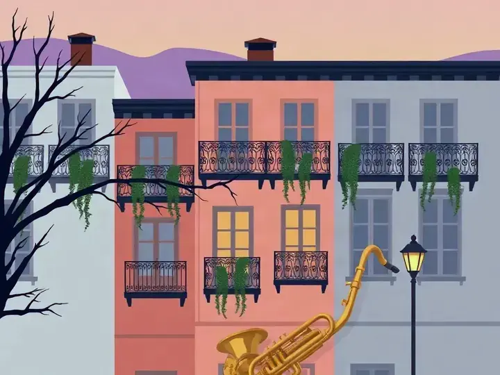 New Orleans WeWard card chapter picture: pastel houses with iron-lace balconies and a golden saxophone