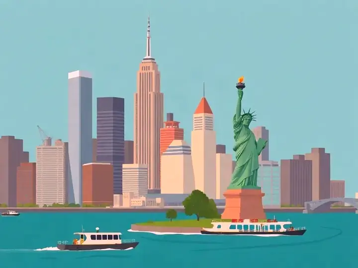 New York WeWard card chapter picture: skyline, the Statue of Liberty and ferries in the harbour
