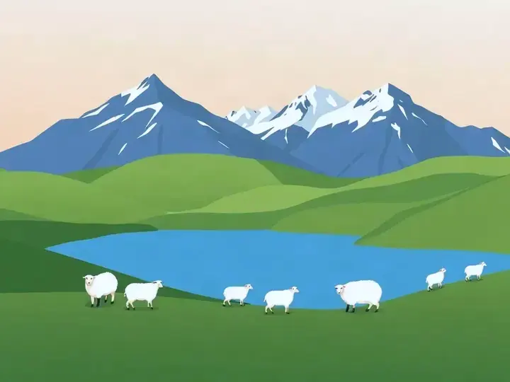 New Zealand WeWard card chapter picture: green rolling hills, snowy southern alps, fjord, sheep