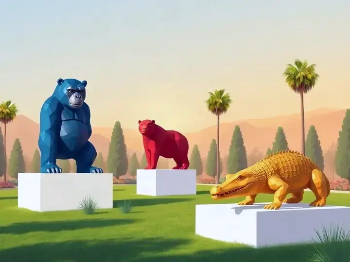 Orlinski WeWard card chapter picture: sculpture garden with colourful faceted animal sculptures