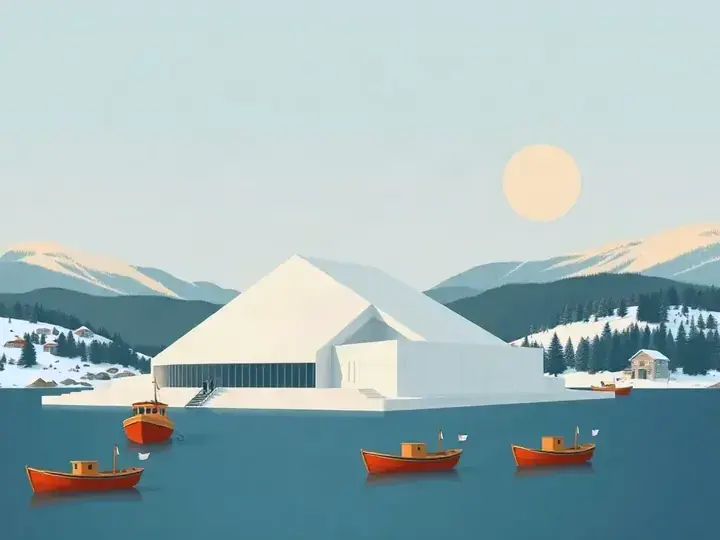 Oslo WeWard card chapter picture: modern white opera house sloping into a fjord, wooden boats, snowy hills