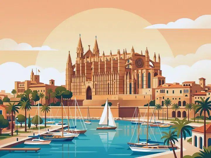 Palma de Mallorca WeWard card chapter picture: gothic cathedral above a marina, palm trees, turquoise sea