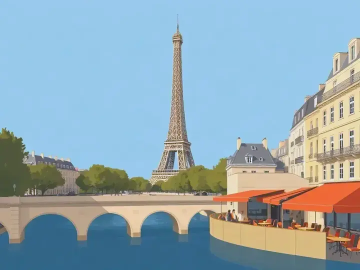 Paris WeWard card chapter picture: iron lattice tower over the river, café terraces, bridges
