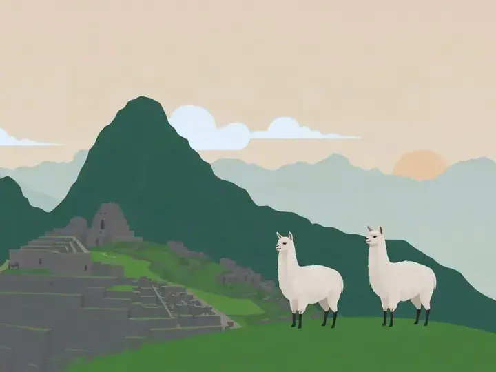 Peru WeWard card chapter picture: mountain ruins of stone terraces among green peaks, llamas