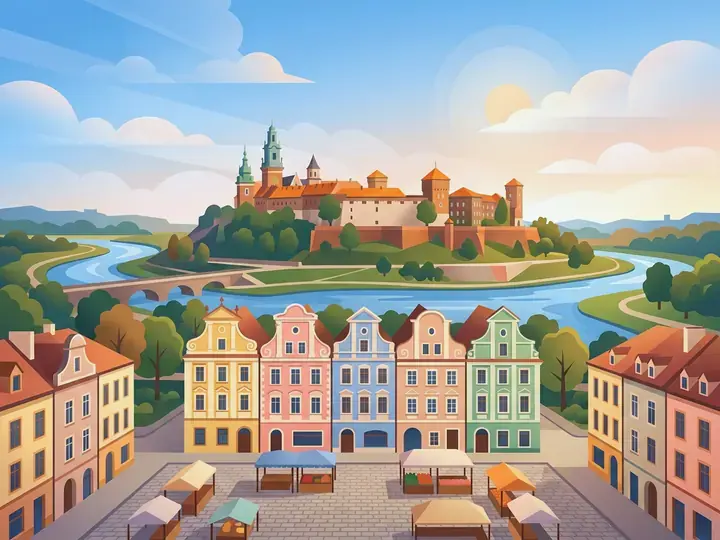 Poland WeWard card chapter picture: colourful old market square houses, castle on a hill, river