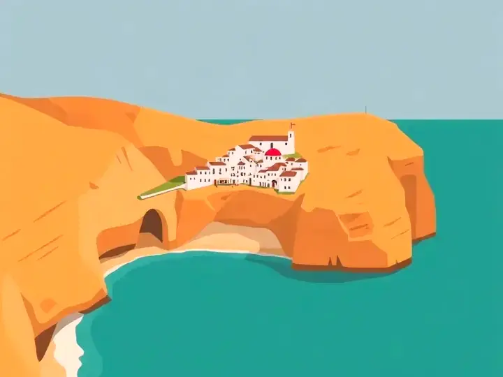 Portugal WeWard card chapter picture: golden sea cliffs and a white clifftop village above a turquoise cove