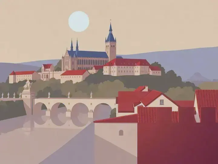 Prague WeWard card chapter picture: castle on a hill above a stone bridge with statues, red rooftops