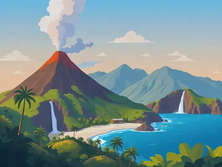 Reunion Island WeWard card chapter picture: active volcano, lush cirque mountains, waterfalls, sea