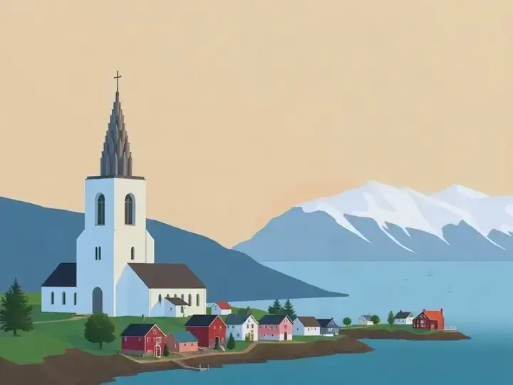 Reykjavik WeWard card chapter picture: concrete church with organ-pipe tower, colourful roofs, bay and mountains