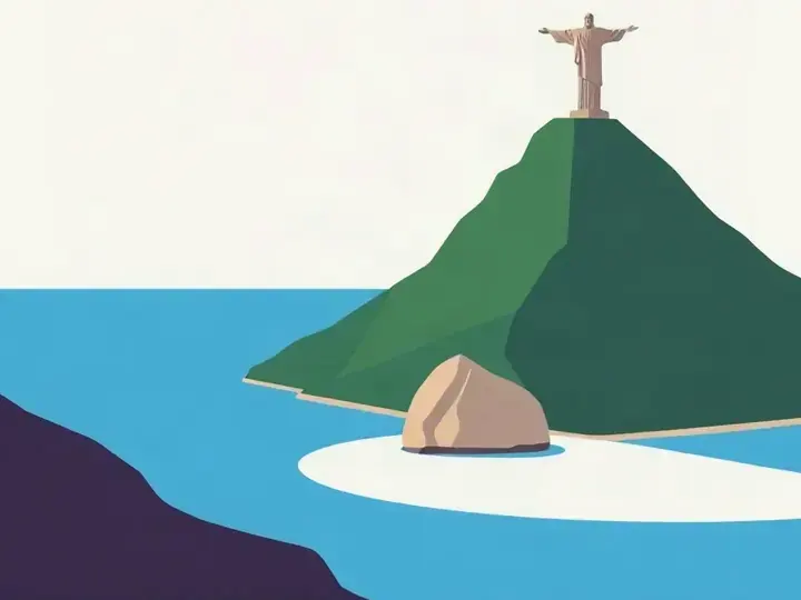 Rio de Janeiro WeWard card chapter picture: big statue silhouette on a mountain peak, sugarloaf mountain, beach