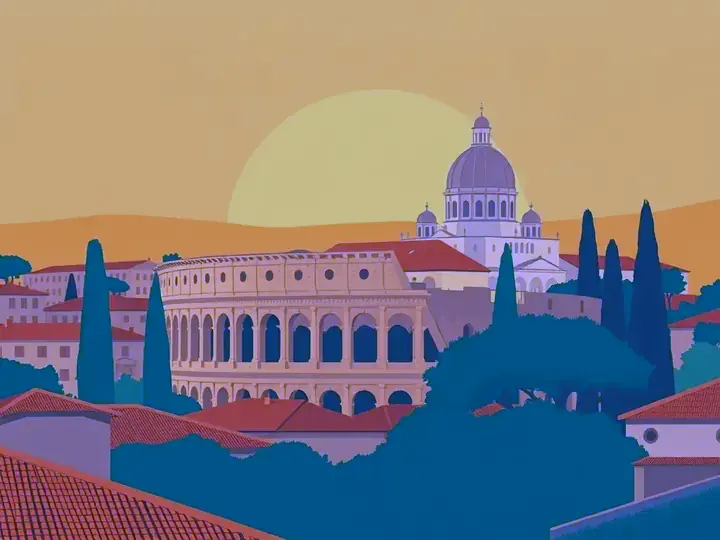 Rome WeWard card chapter picture: ancient amphitheatre, fountains, pines, terracotta city