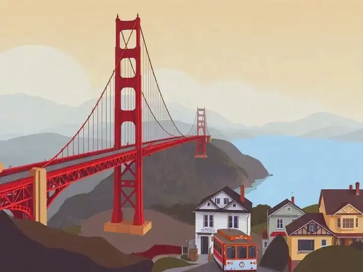 San Francisco WeWard card chapter picture: red suspension bridge in fog, cable car on a hill, bay