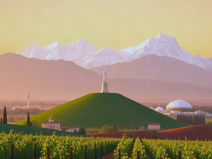 Santiago WeWard card chapter picture: city in front of snowy Andes, hill with a statue, vineyards
