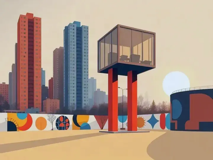 São Paulo WeWard card chapter picture: dense skyline with a modern art museum on red pillars, street art