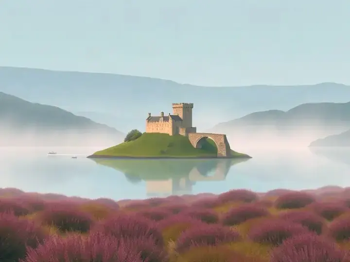 Scotland WeWard card chapter picture: misty highland loch, castle on an island, heather hills