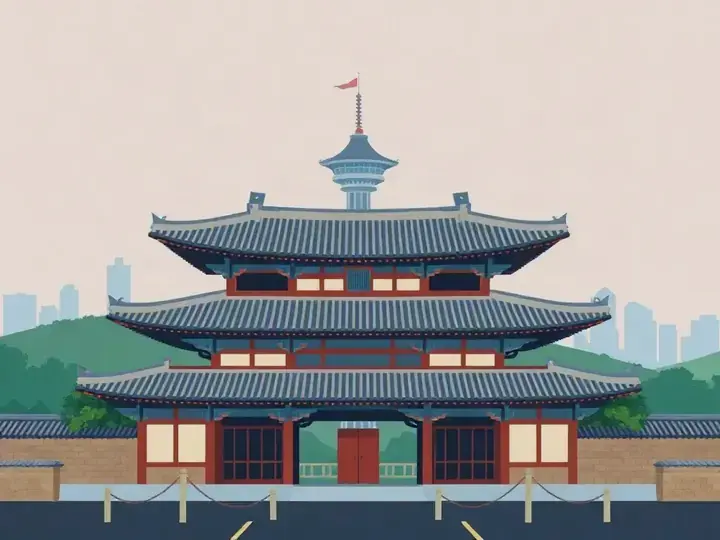 Seoul WeWard card chapter picture: palace gate with tiled roofs, modern tower on a hill, city