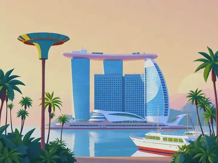 Singapore WeWard card chapter picture: futuristic garden supertrees, hotel with a rooftop ship, harbour