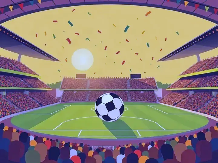 Soccer'26 WeWard card chapter picture: football stadium with a ball on the pitch and confetti