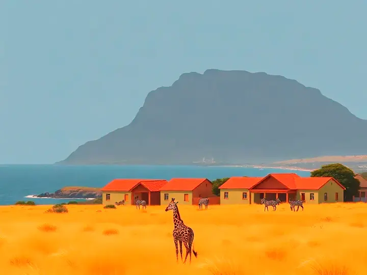 South Africa WeWard card chapter picture: flat-topped mountain over a bay, colourful houses, savanna wildlife