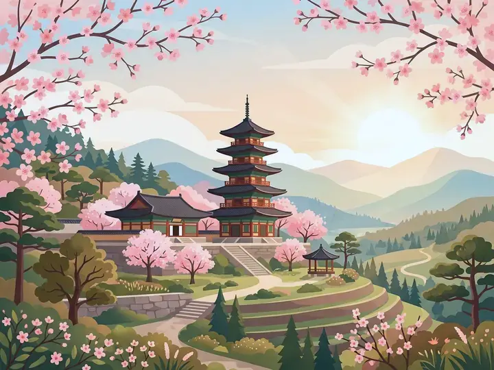 South Korea WeWard card chapter picture: pagoda temple on a hillside, cherry blossoms, mountains