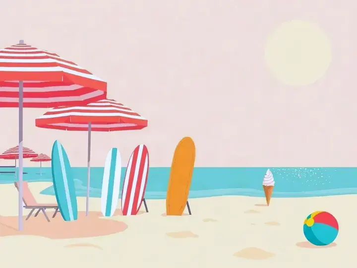 Summer'25 WeWard card chapter picture: sunny beach with umbrellas, ice cream, surfboards, sparkling sea
