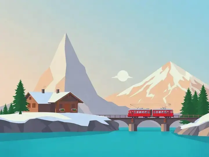 Switzerland WeWard card chapter picture: pyramid-shaped alpine peak, chalet, red mountain train, lake