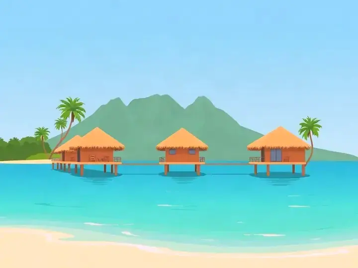 Tahiti WeWard card chapter picture: overwater bungalows, green volcanic peaks, lagoon