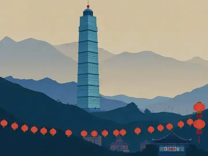 Taiwan WeWard card chapter picture: very tall bamboo-shaped tower, green mountains and red lanterns