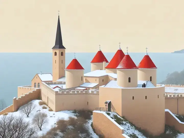 Tallinn WeWard card chapter picture: medieval walled old town with red-roofed towers, snow