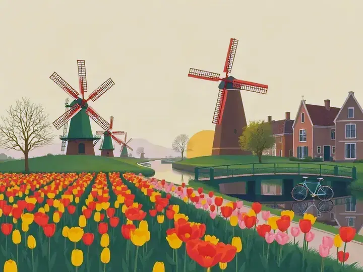The Netherlands WeWard card chapter picture: windmills, tulip fields, canal houses, bicycles