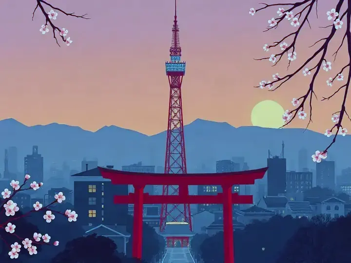 Tokyo WeWard card chapter picture: red and white tower, a red shrine gate and cherry blossoms at dusk