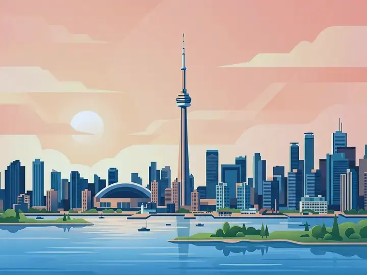 Toronto WeWard card chapter picture: city skyline with a very tall needle tower, lake, islands