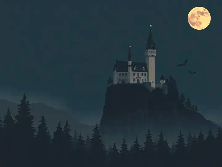 Transylvania WeWard card chapter picture: gothic castle on a cliff at night, misty forest, moon