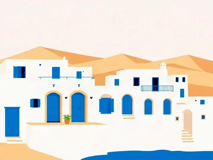 Tunisia WeWard card chapter picture: blue and white village above the sea, desert dunes, arches