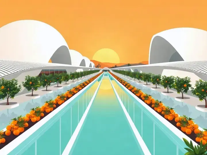 Valencia WeWard card chapter picture: futuristic white buildings, turquoise pools and orange trees