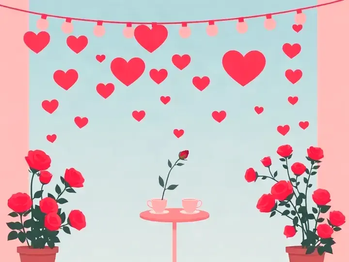 Valentine's Day WeWard card chapter picture: floating hearts, roses and a cafe table for two