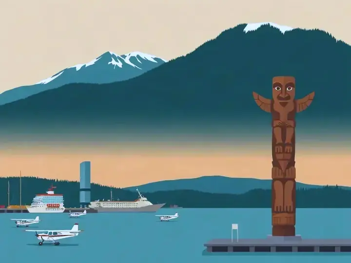 Vancouver WeWard card chapter picture: harbour with seaplanes, forested mountains, totem poles