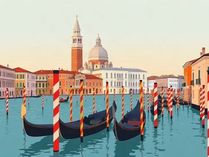 Venice WeWard card chapter picture: canal with gondolas, domed basilica, striped mooring poles