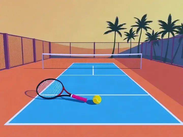 Venus Williams WeWard card chapter picture: sunny tennis court with a racquet and a yellow ball