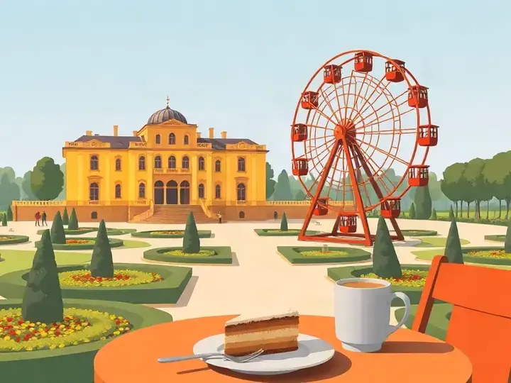 Vienna WeWard card chapter picture: baroque palace with gardens, giant ferris wheel, café