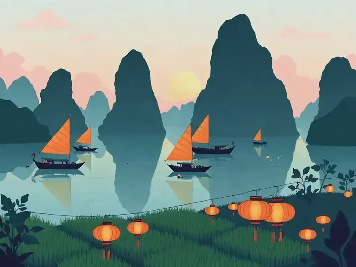 Vietnam WeWard card chapter picture: bay with limestone karsts and junk boats, rice paddies, lanterns