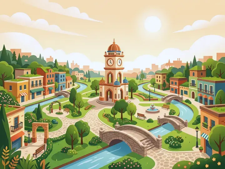 Walkopolis WeWard card chapter picture: cheerful imaginary city made for walkers: green parks, paths, footbridges