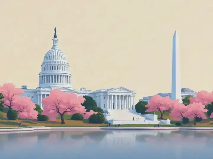 Washington, D.C. WeWard card chapter picture: white domed capitol, tall obelisk, cherry blossoms on a tidal basin